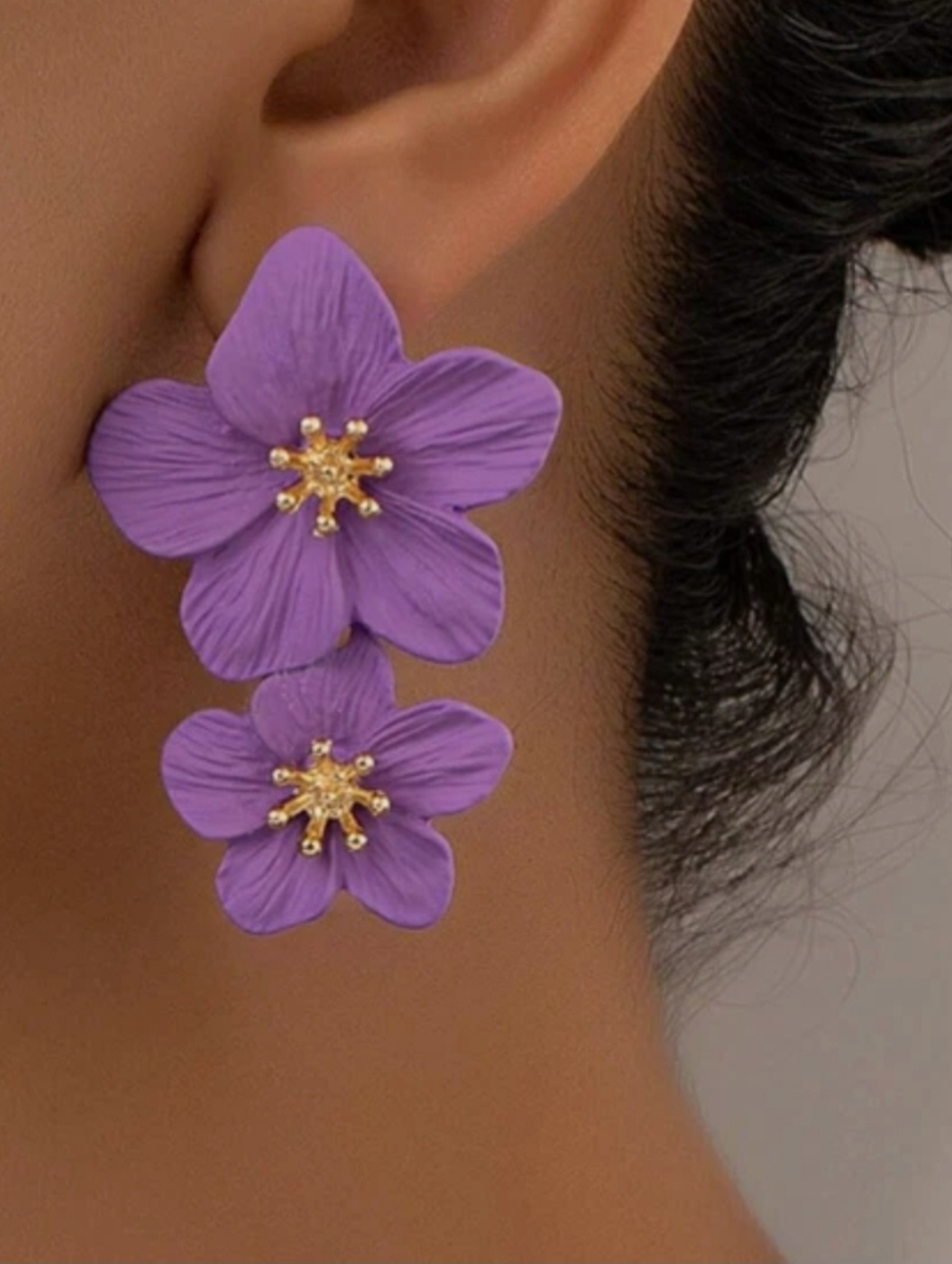 Floral Forget Me Not Purple Gold Pierced Earrings